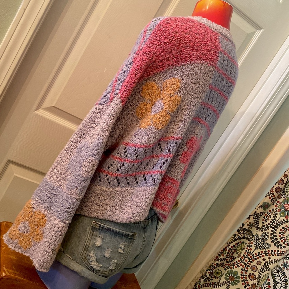 Moon & Madison Artistic Floral Kawaii Cute Purple, Pink, & Orange Sweater - Picture 7 of 14